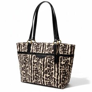 Coach Ocelot Leopard Print Nylon Tote Bag F31901 Black Patent Trim Gold Hardware